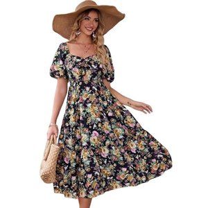 Puff Sleeve Boho Midi Dress L Black Floral Stretch Key Hole Front Sweetheart NEW
